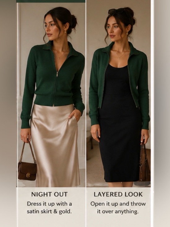 Sweaters - Forest Green Zip Front Knit Sweater | Fitted Mock Neck Cardigan | Quiet Luxury